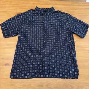 Neiman Marcus Mens XXL Silk Short Sleeve Button Down Shirt Navy Geometric Square